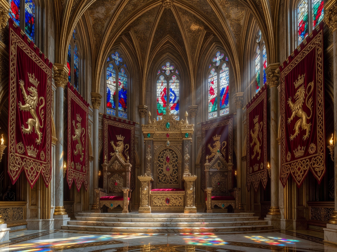 Camelot throne room with royal gold details and banners