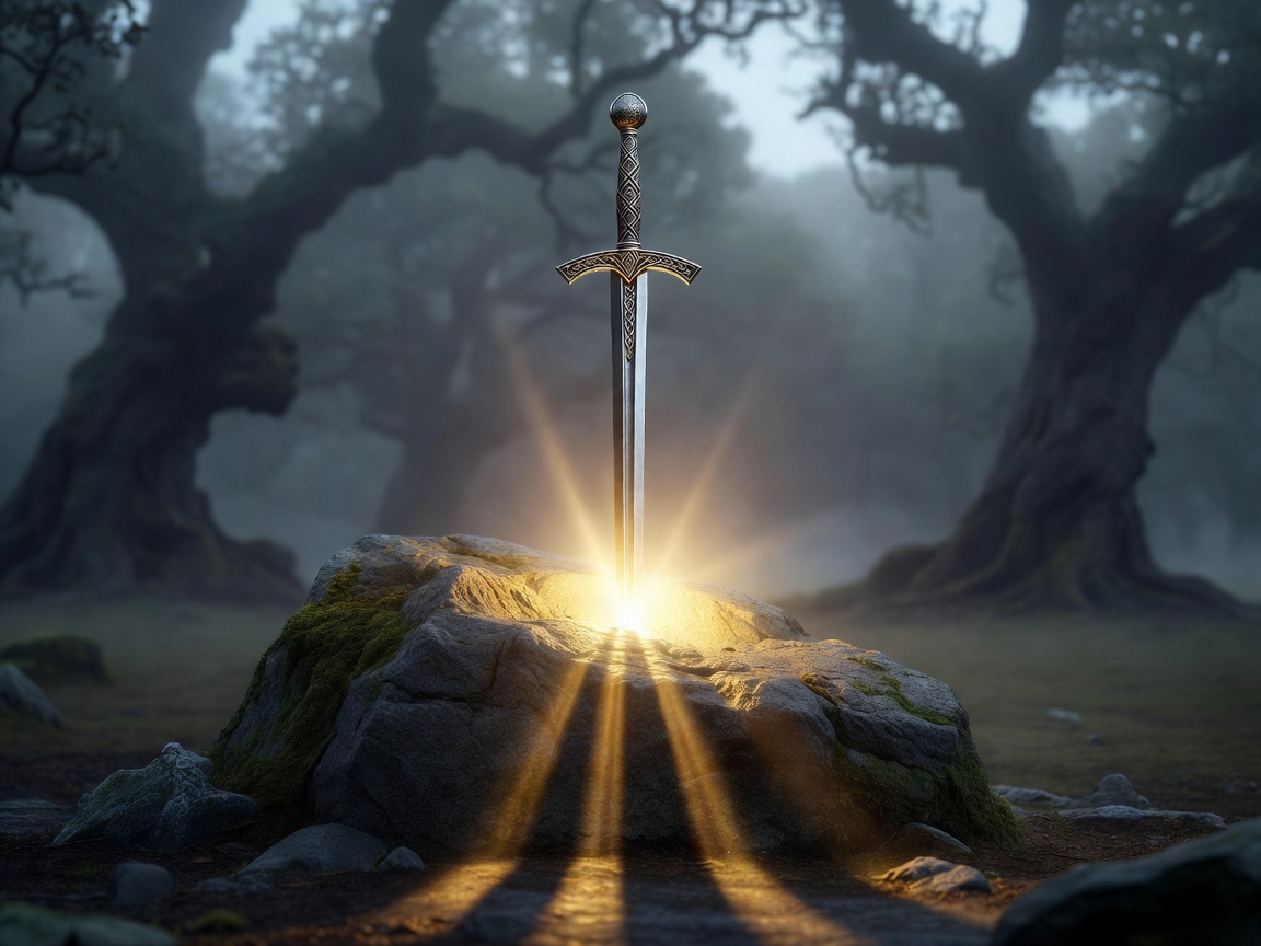 Excalibur sword embedded in stone with a glowing golden light