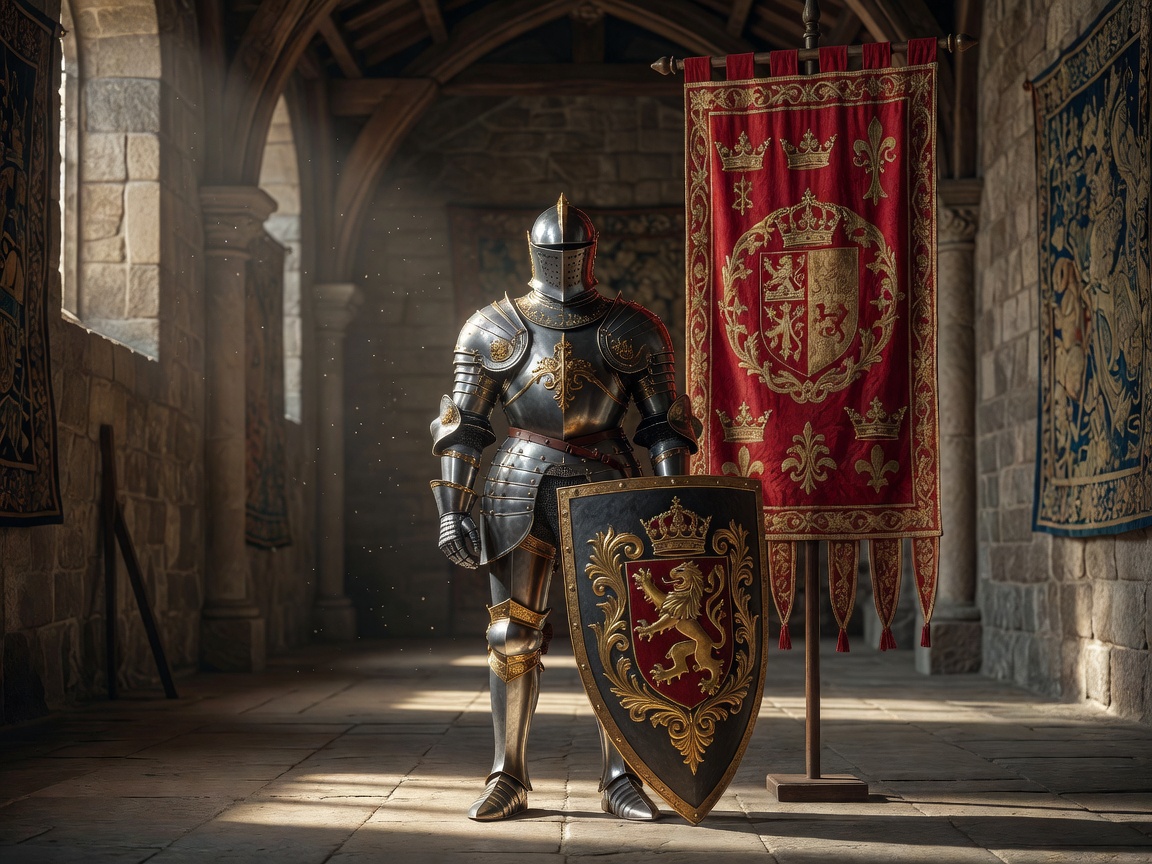 Knight armor with a royal shield and medieval banner